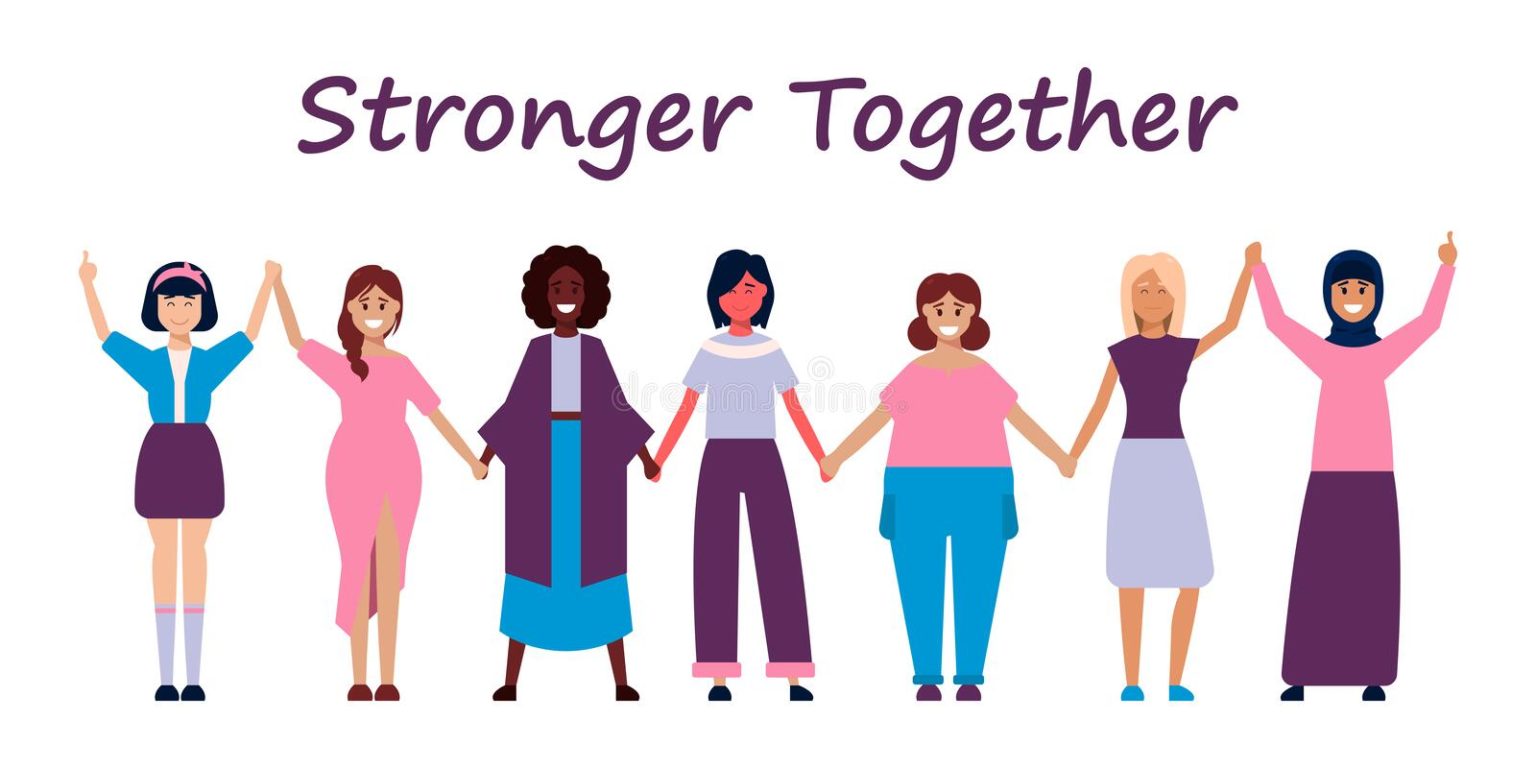 The graphic shows women holding hands with the words "Strong Together" written across the top